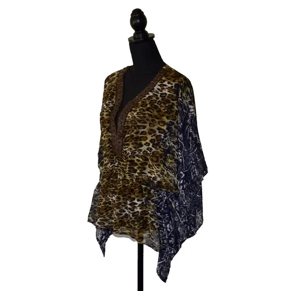 A8 NWT ALBERTO MAKALI Leopard Print Chiffon Sheer V-Neck Tunic Blouse Top Size M - Picture 2 of 4
